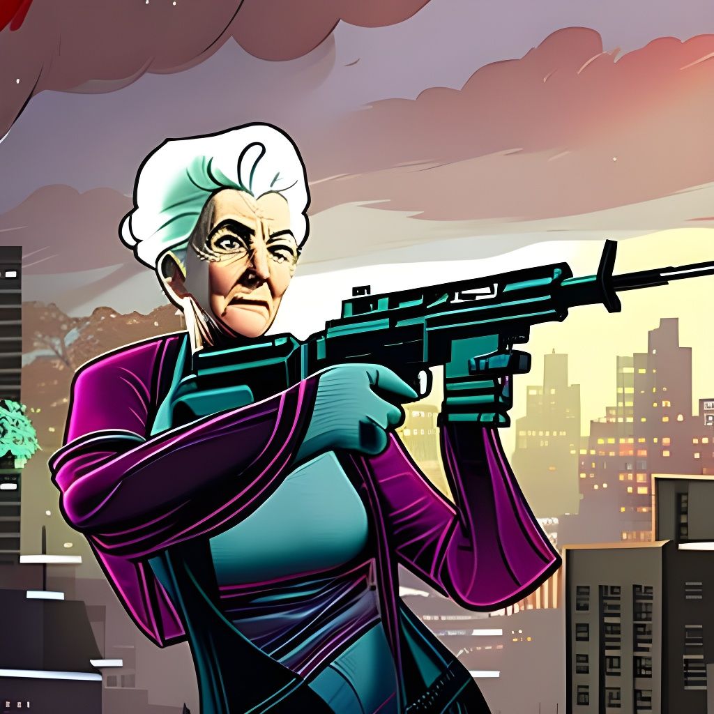 Angry Granny Gunslinger in Futuristic City