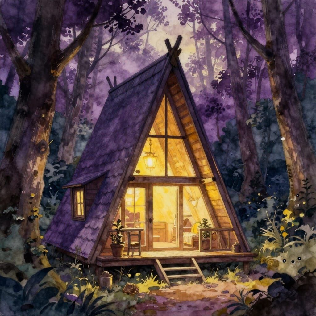 Enchanted Forest A-Frame Cabin in Watercolor Style