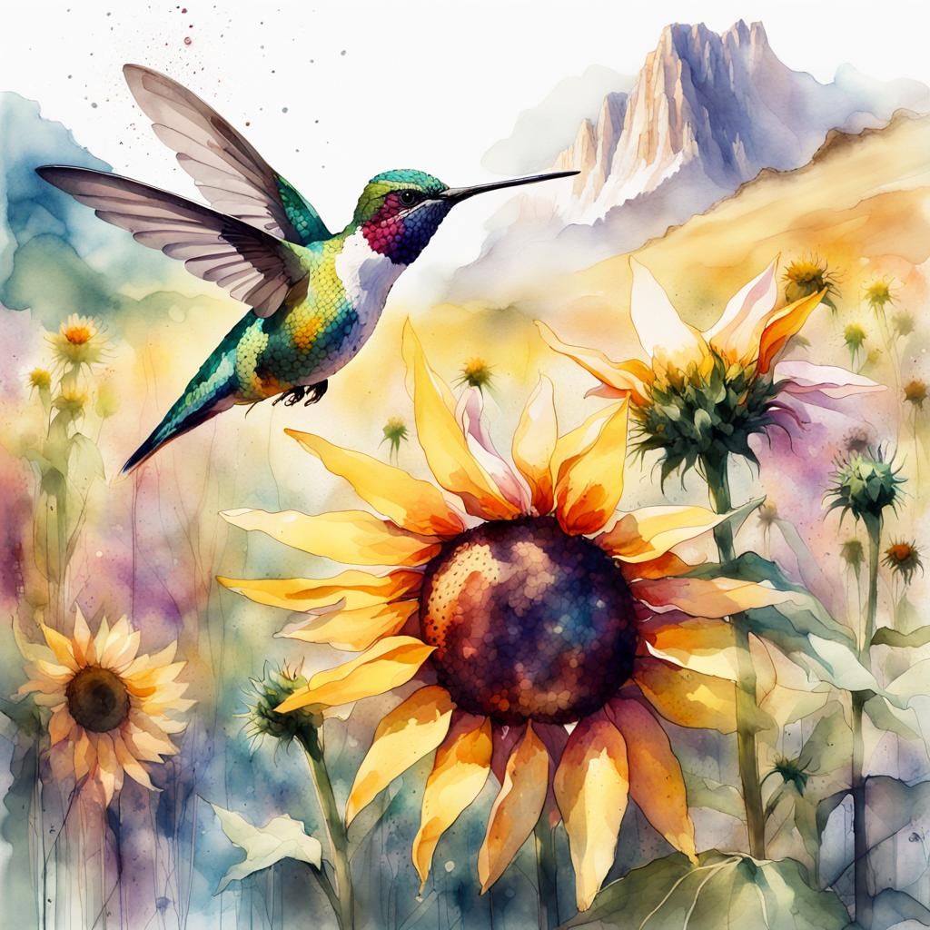 Hummingbird in Flower Meadow Watercolor Illustration