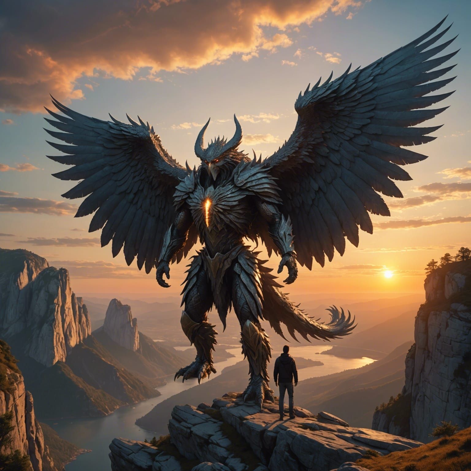 A man on a cliff looking at a massive colossal seraphim crea...