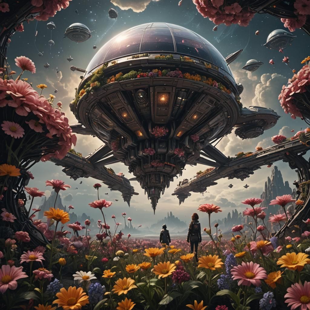 Epic Starship Flowers Digital Matte Painting