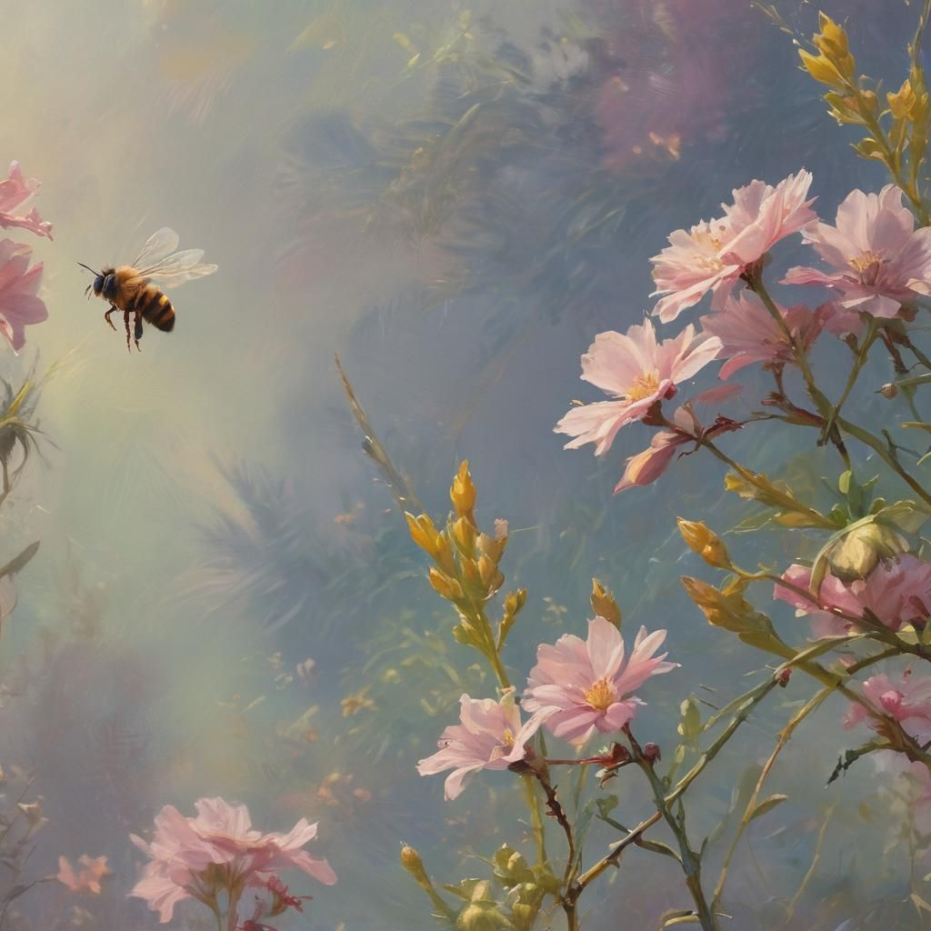 Bee Collecting Nectar in Impressionist Oil Painting