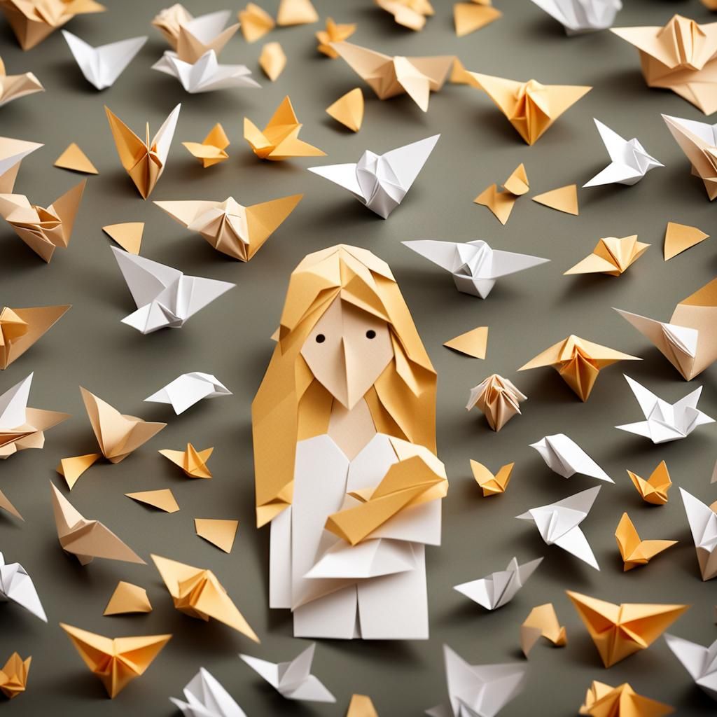 Blonde Woman with Children and Origami Papercraft