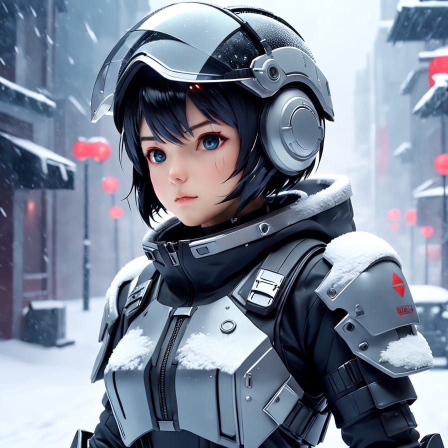 Scifi Soldier Anime Girl in a snow storm...