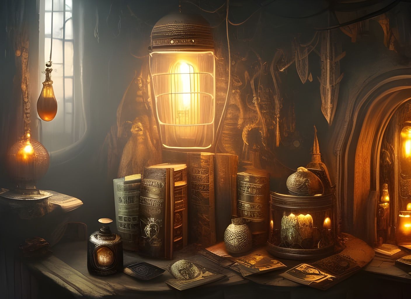 Fantastical Aetherpunk Shop with Magical Atmosphere