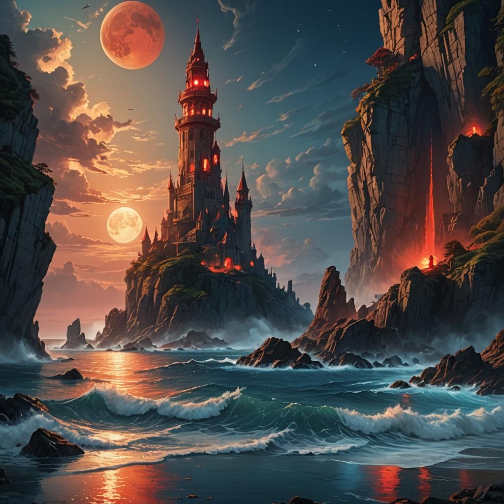 Coastal Tower at Sunset: Fantasy Matte Painting