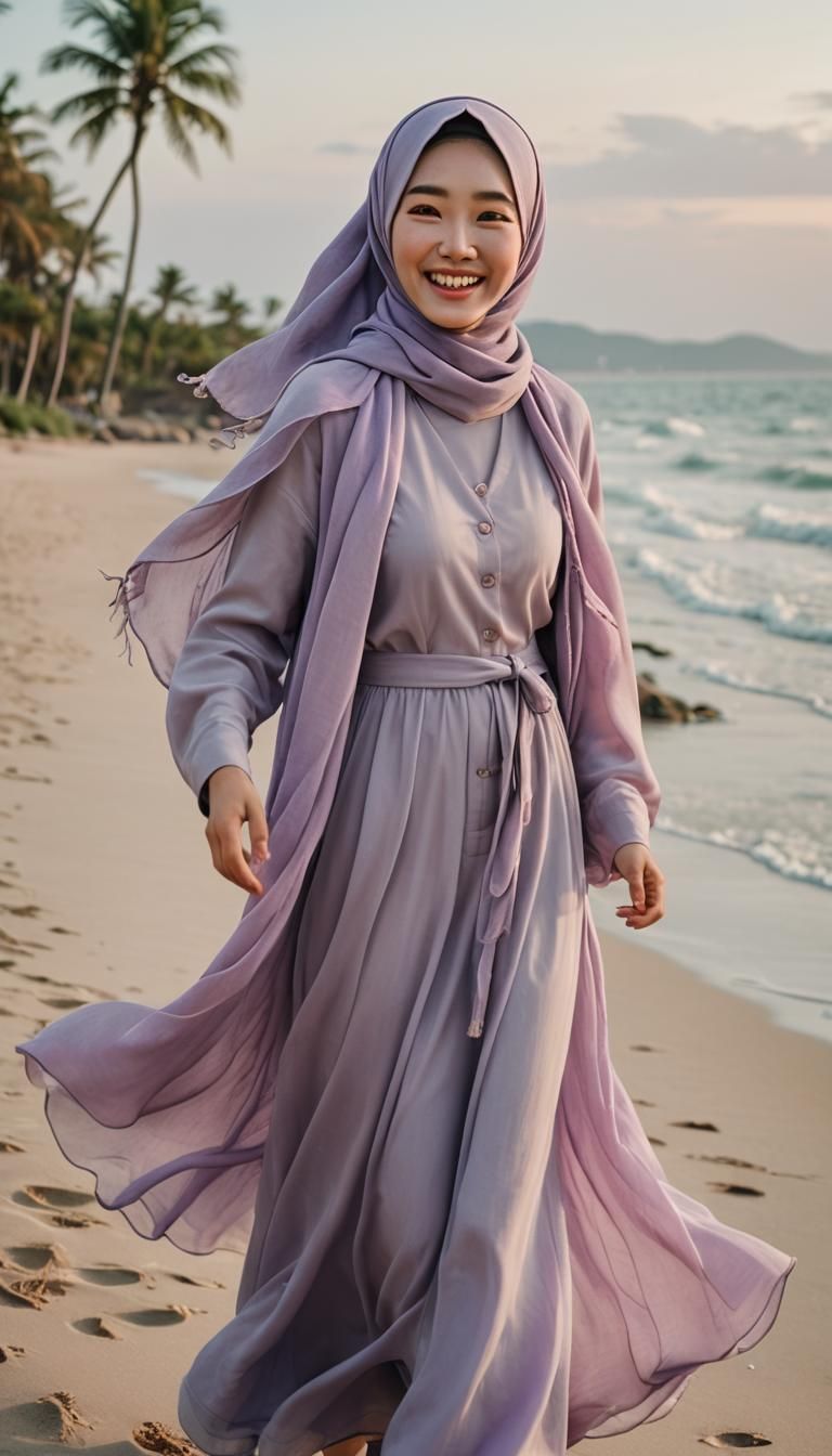 Korean Woman in Hijab Beach Portrait in Pastel Colors