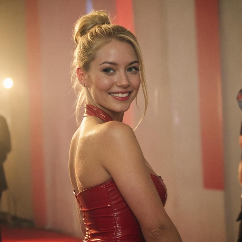 Woman in Red Latex Dress at Film Festival