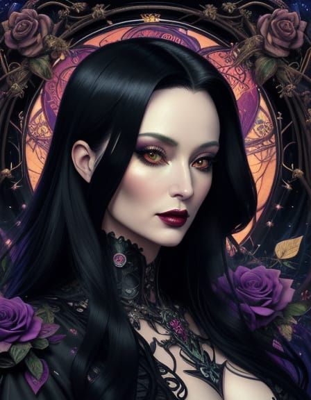 Art Nouveau Portrait: Morticia Addams with Roses