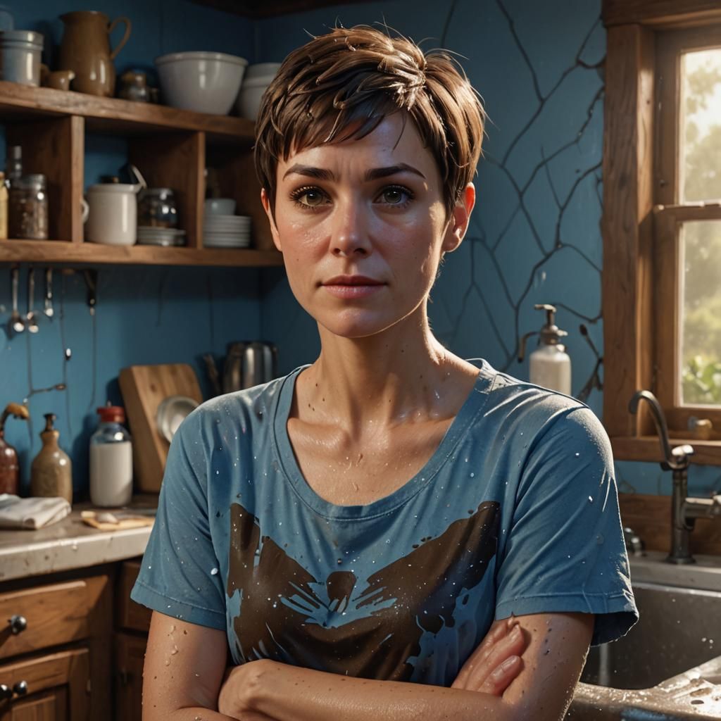 Woman's Surprised Expression in Kitchen, Digital Art