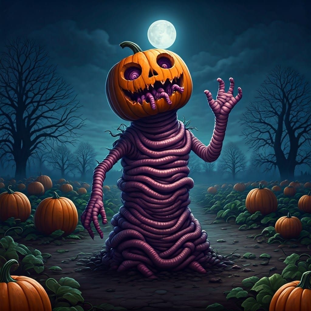 Surreal Pumpkin Monster in Cartoon Style