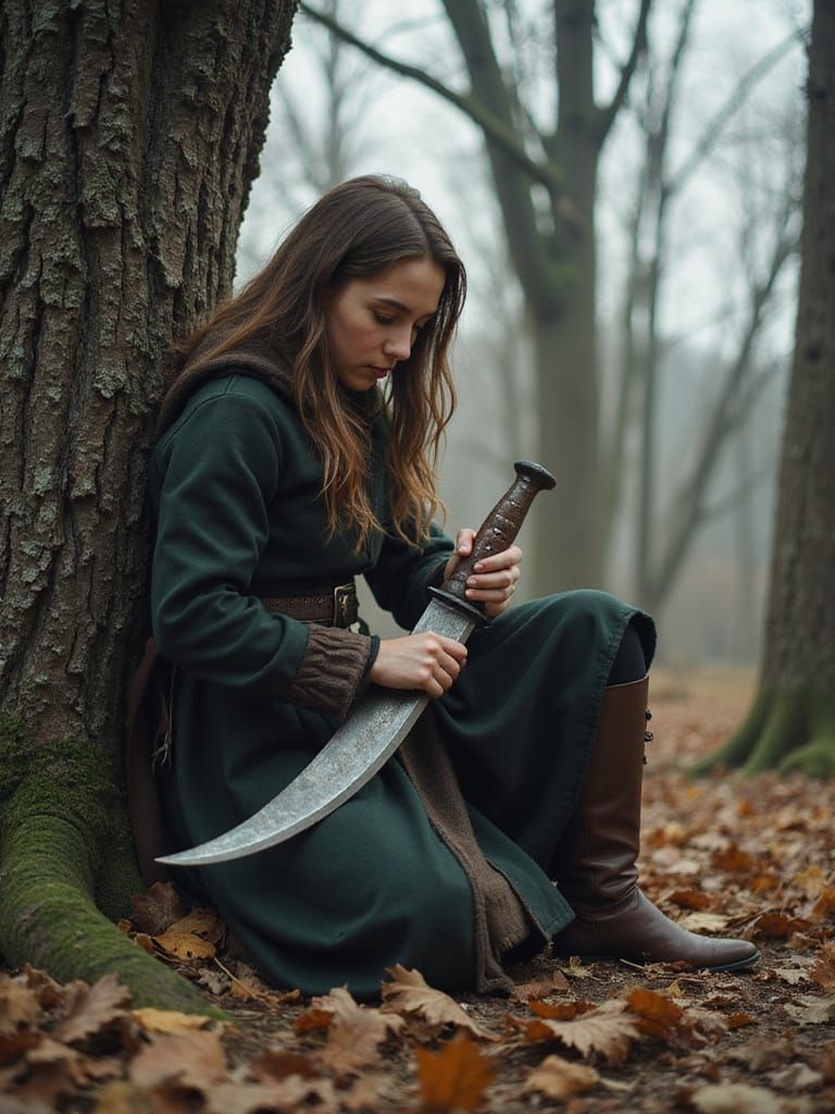 Fantasy Ranger Sharpening Blade in Autumn Forest