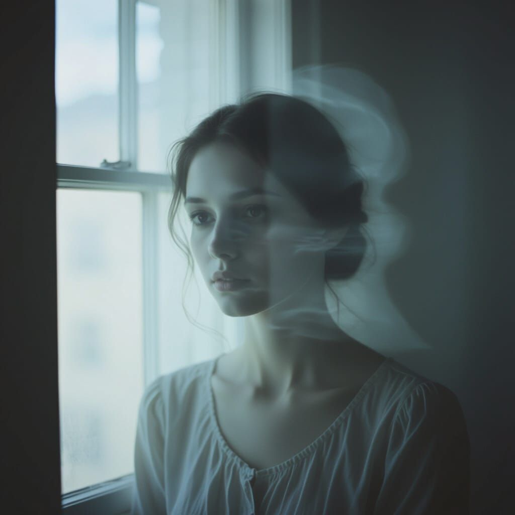 Ethereal Woman Shadow Behind Window in Sugimoto Style