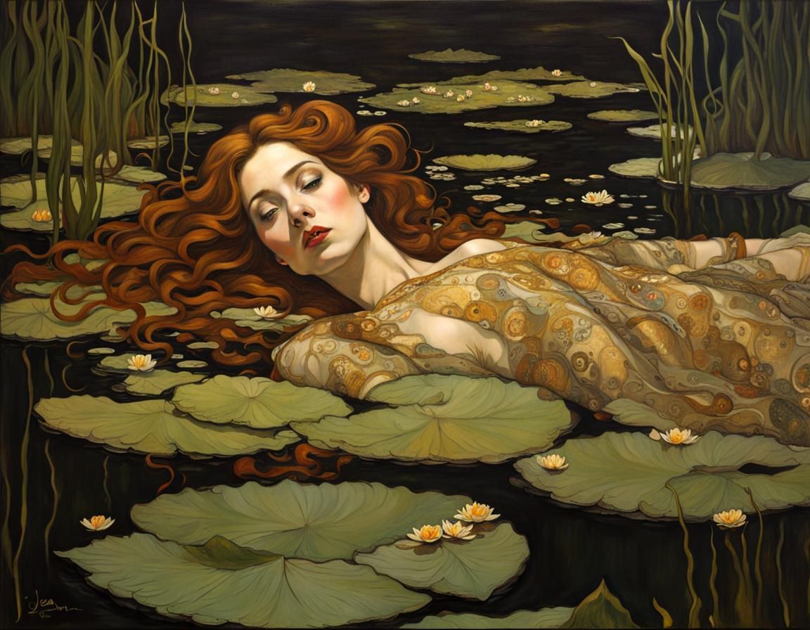 Ophelia Drowning in Klimt-Inspired Waters