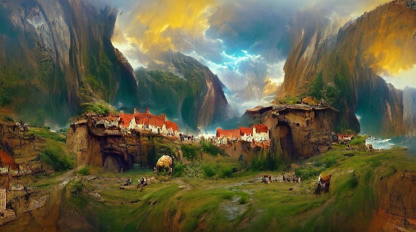 Cliffside Village Illustration in Bierstadt Style