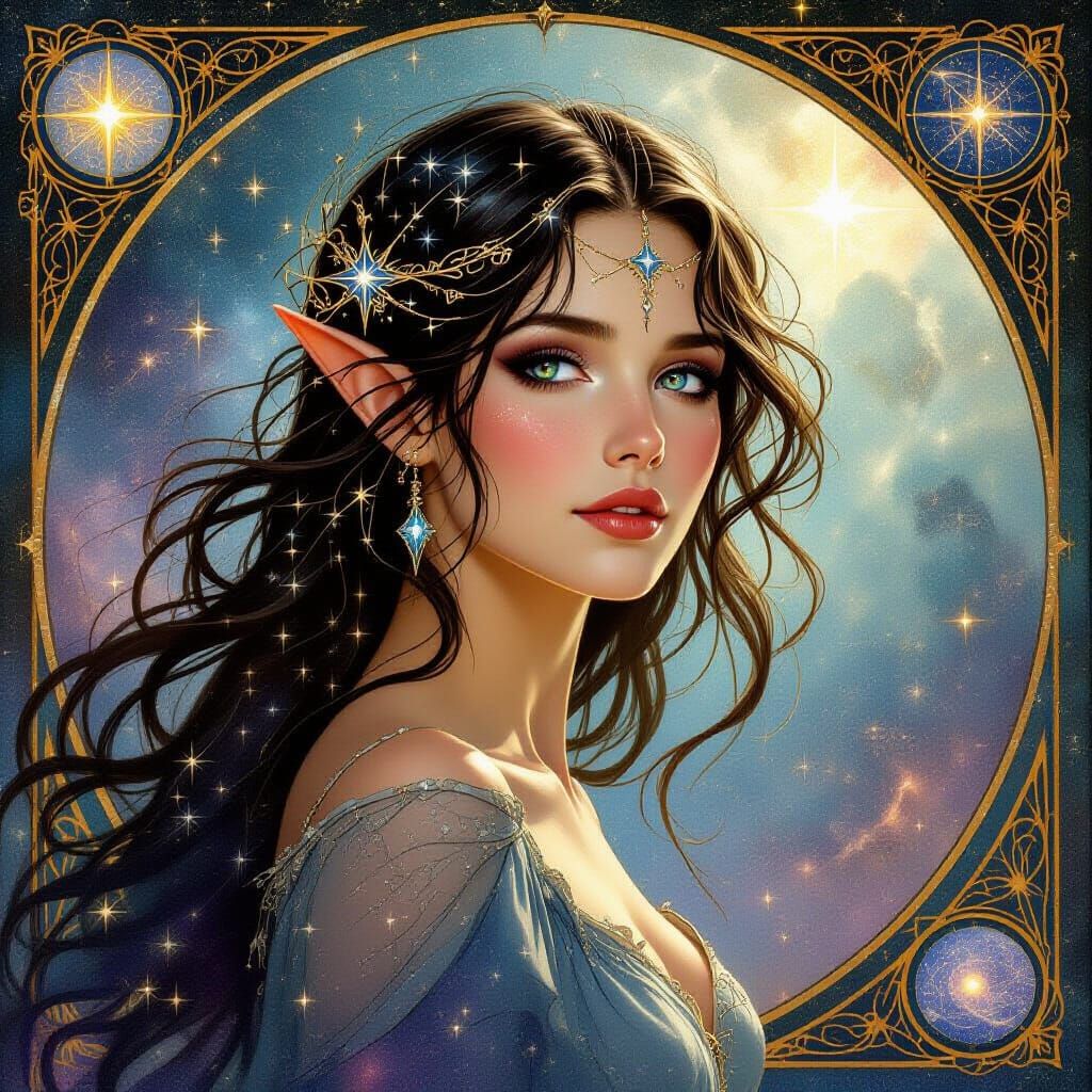 Mysterious Star Elf with Stardust Hair, in Art Nouveau Style