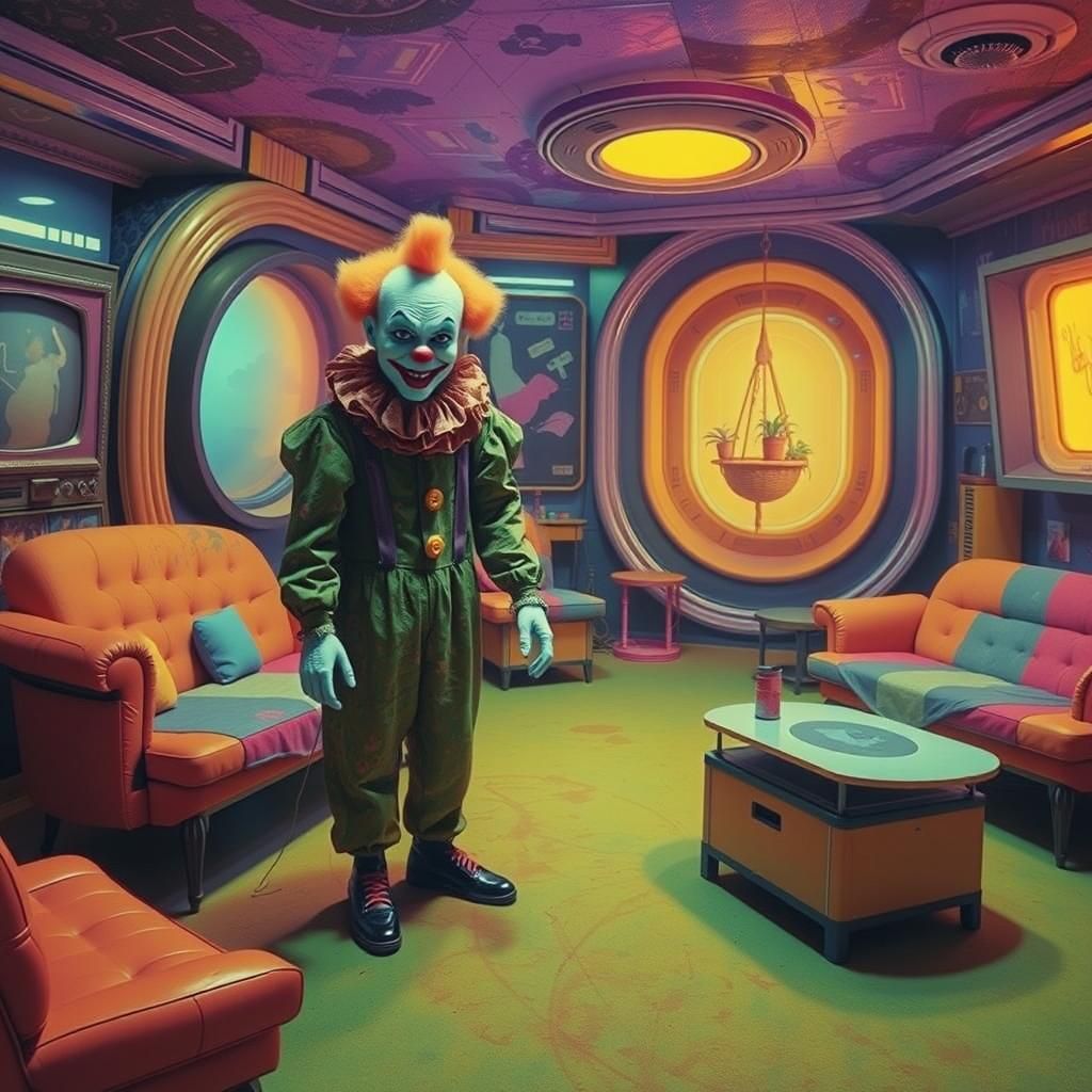 Clown Creature in Retro Sci-Fi Living Room