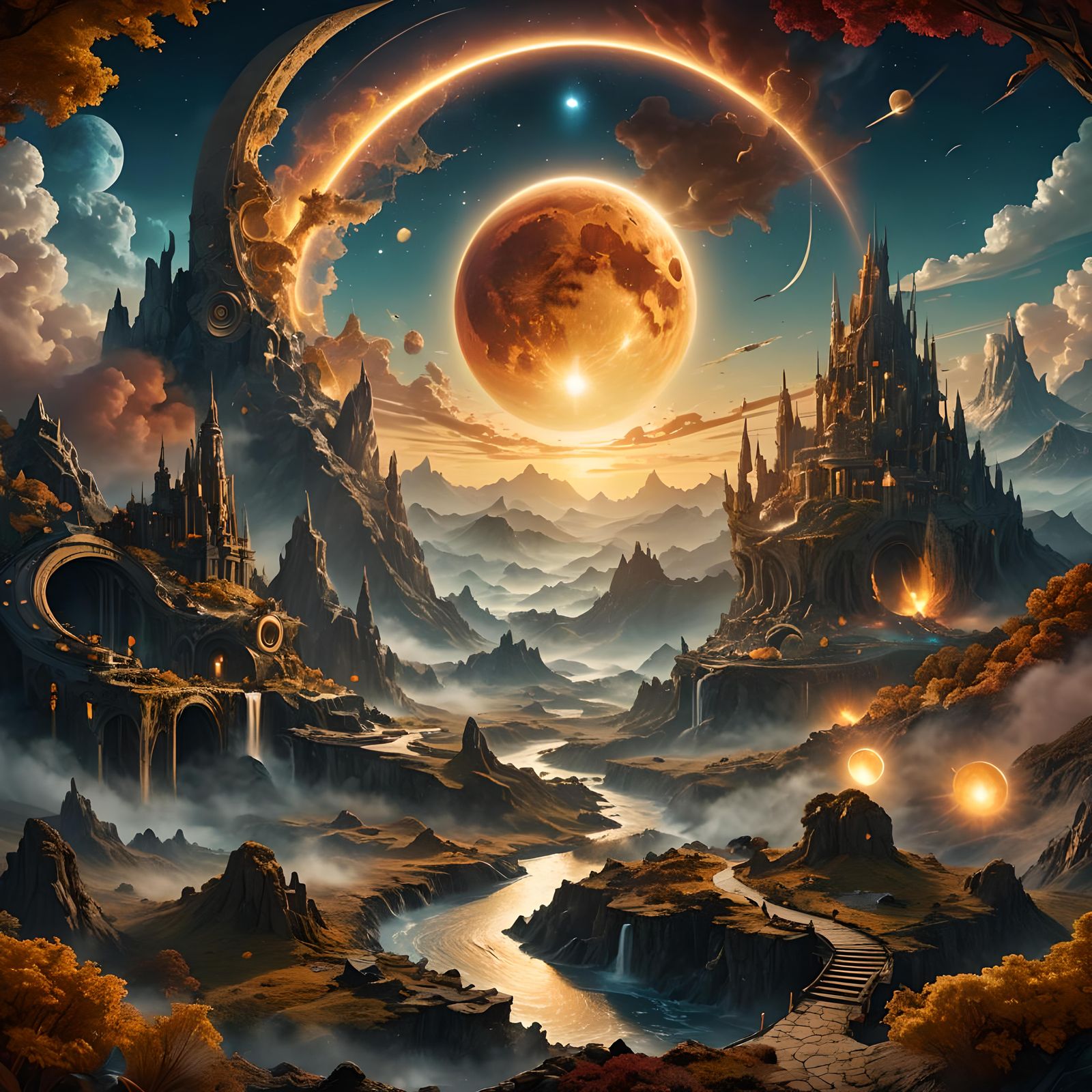 Fantastical Matte Painting of Sun and Moon in Deep Color