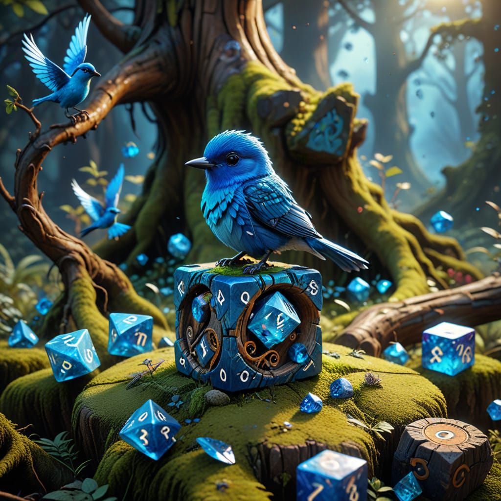 Vibrant Blue Gemstone Dice in Enchanted Forest