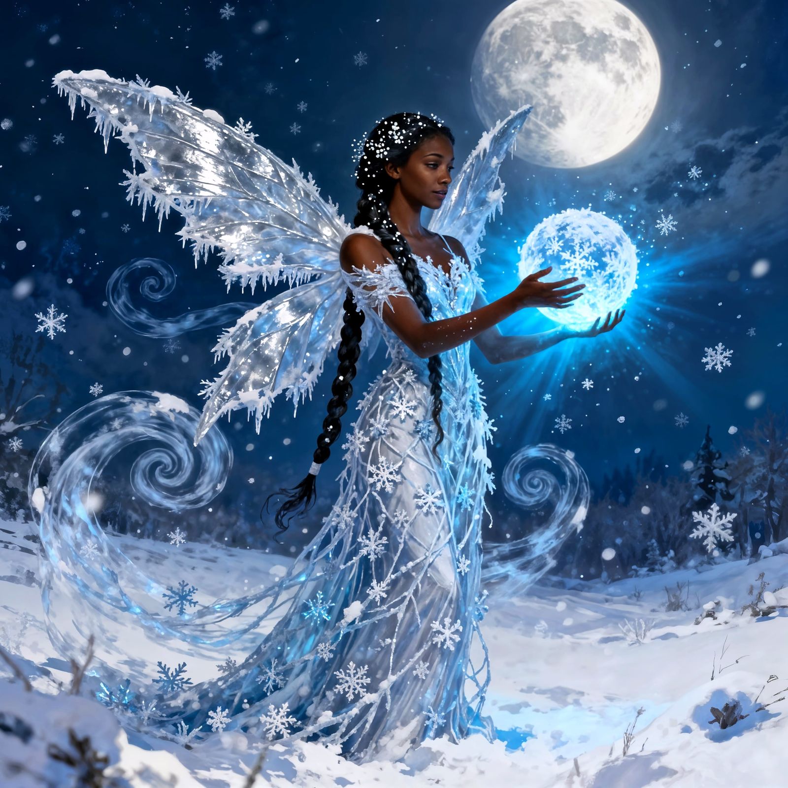 Winter Fairy Spellcasting in Moonlit Snowfield