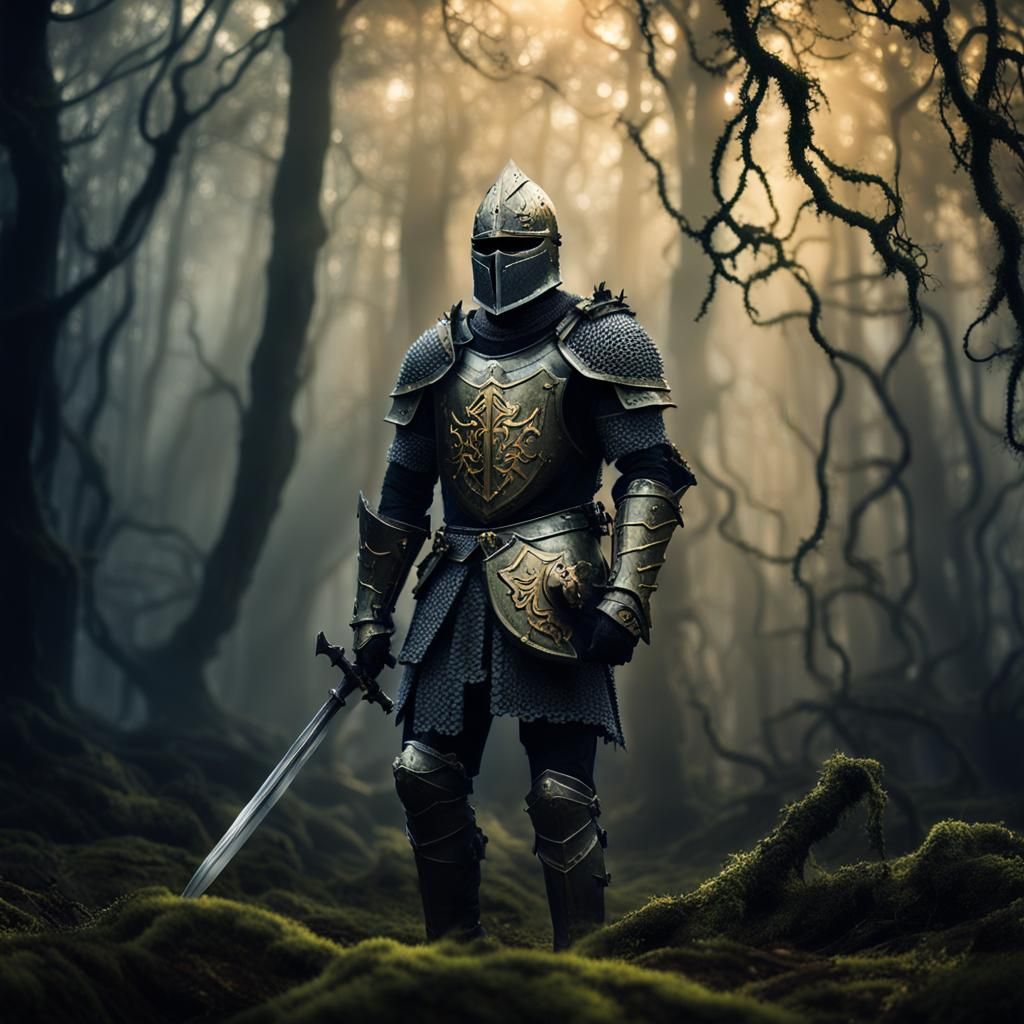 Eerie Knight in Foggy Forest: Dark Fantasy Photography
