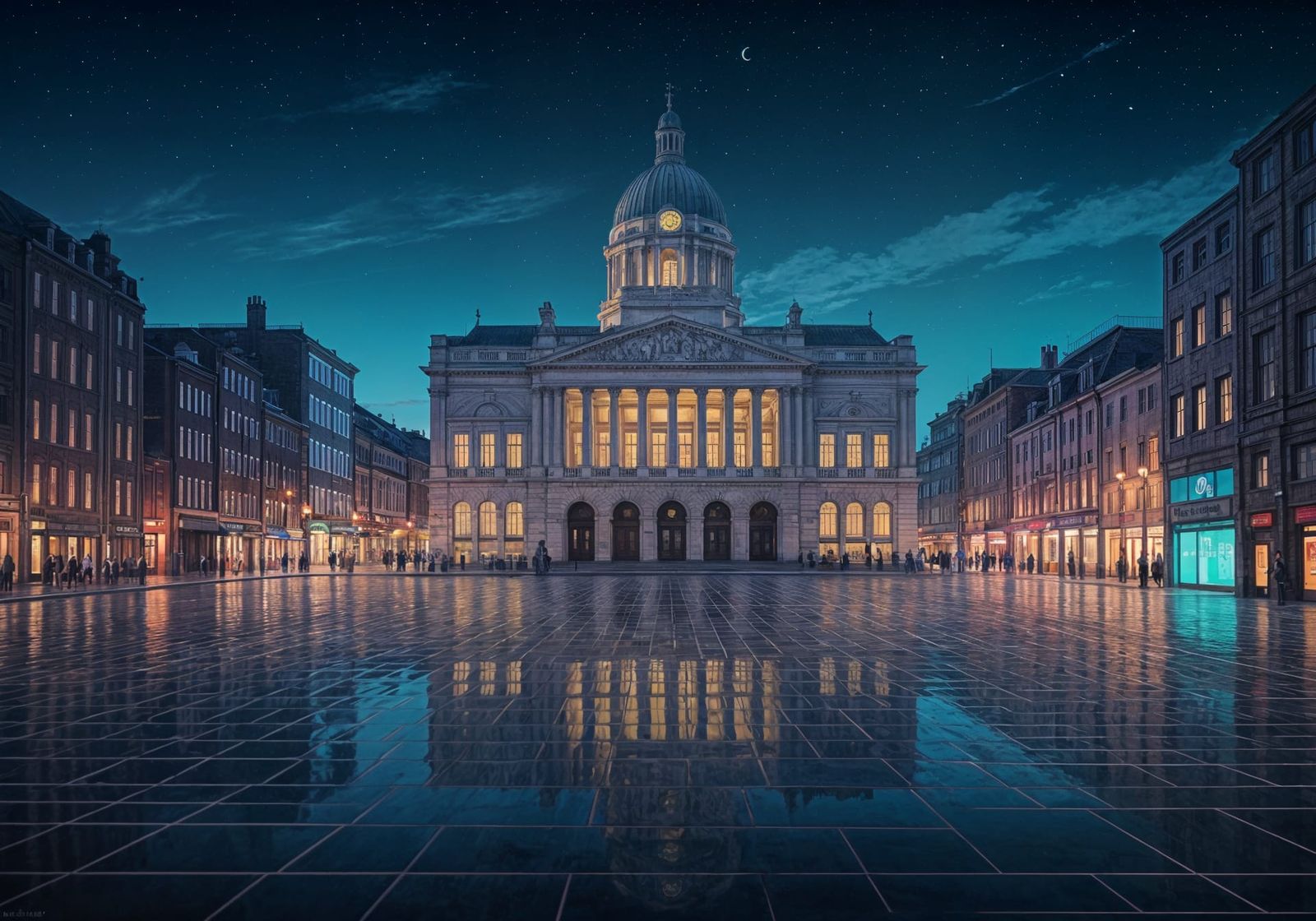 Nottingham Market Square at Night in Synthwave Style