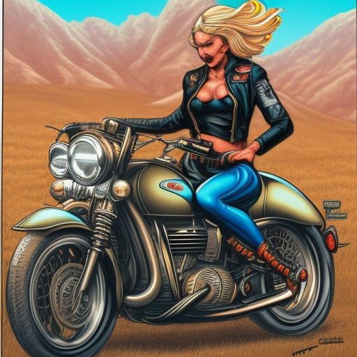 Blonde Woman on Motorcycle in Comic Book Art