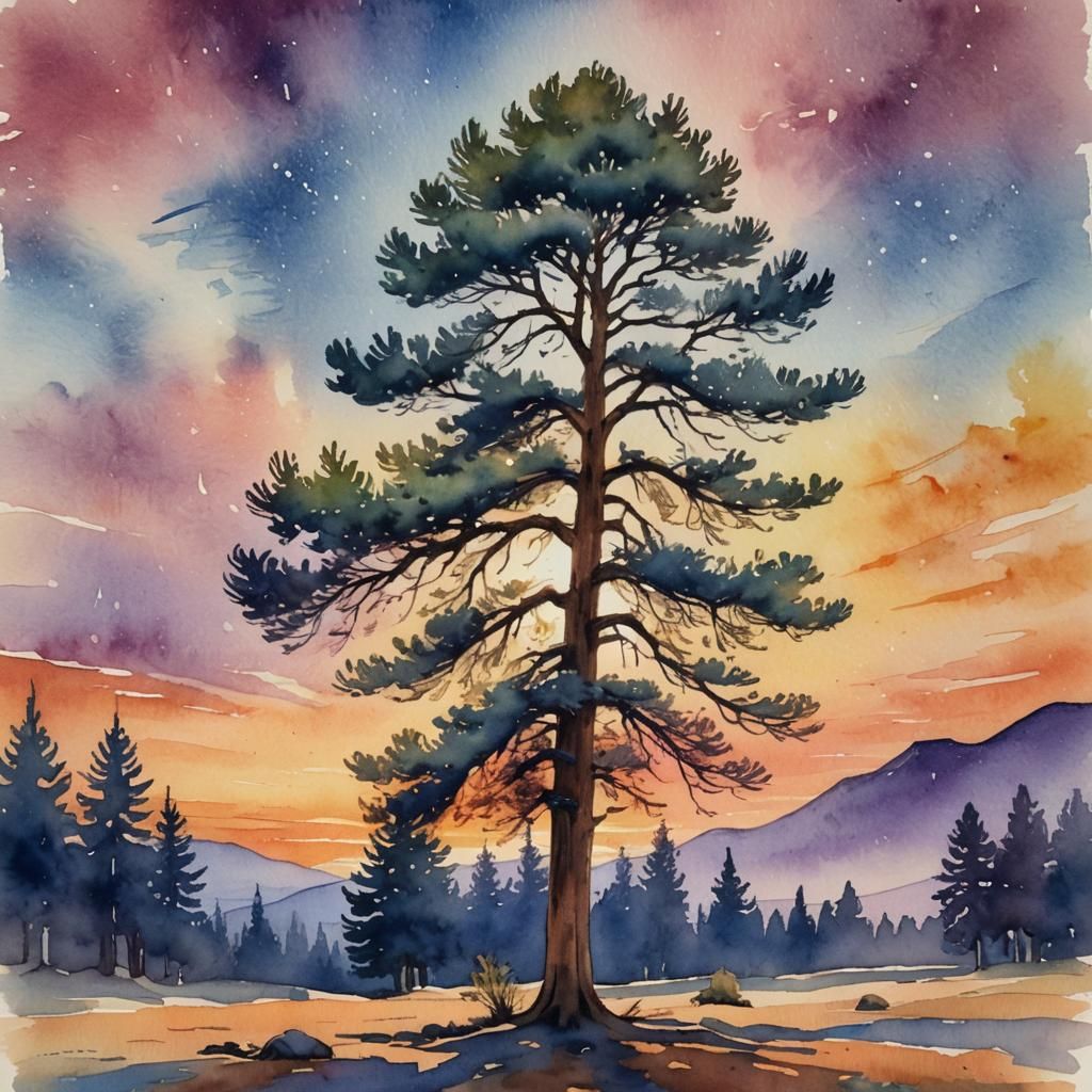 Lone Pine Tree at Sunset in Watercolor Style