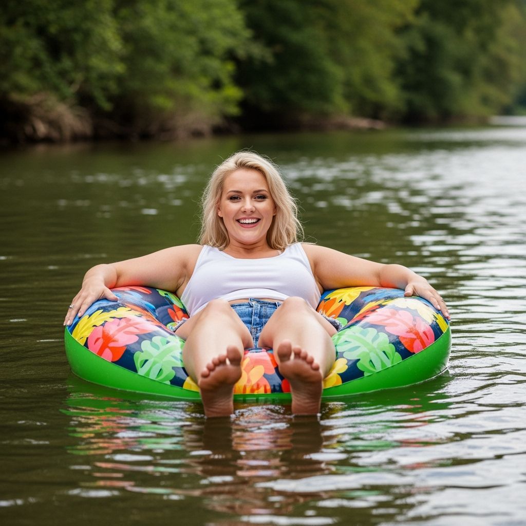 Woman on Raft in River, Hyperrealistic Photography