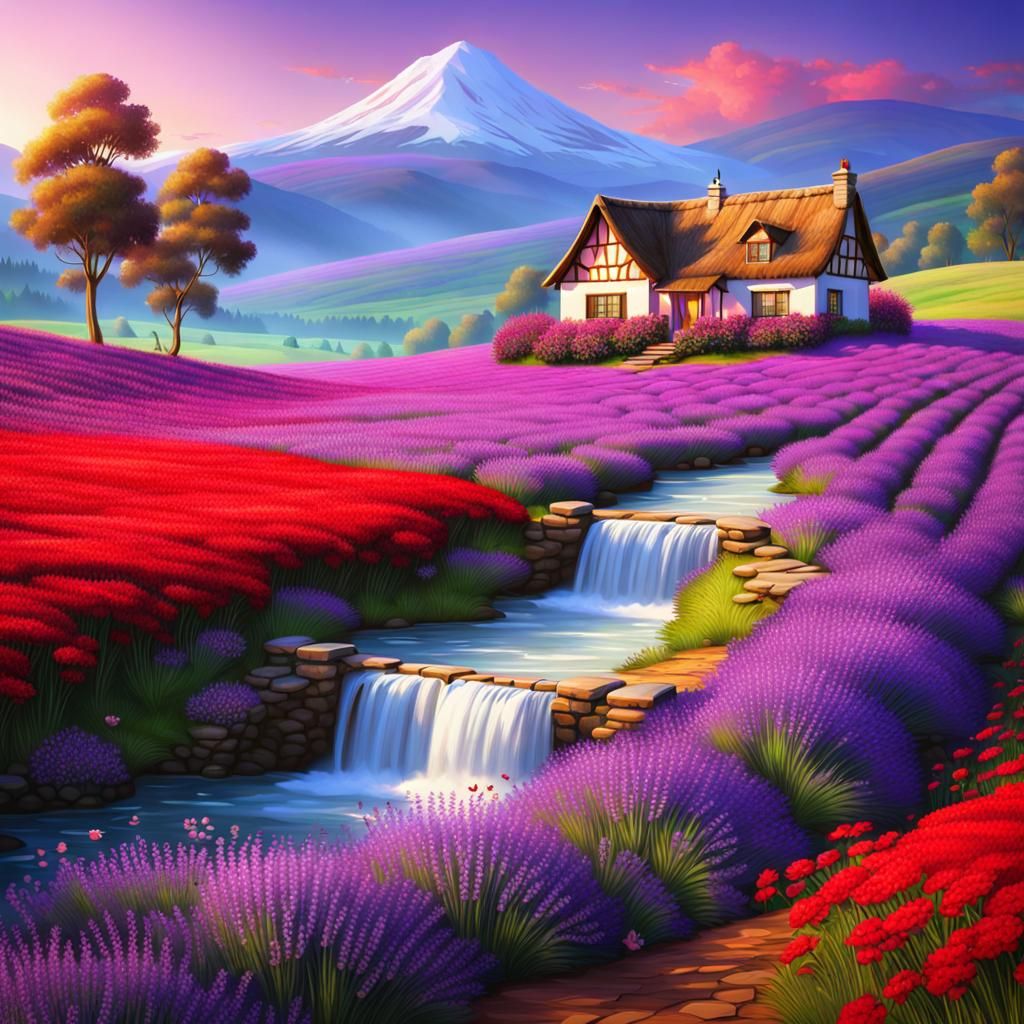 Picturesque Lavender and Red Flower Field Landscape