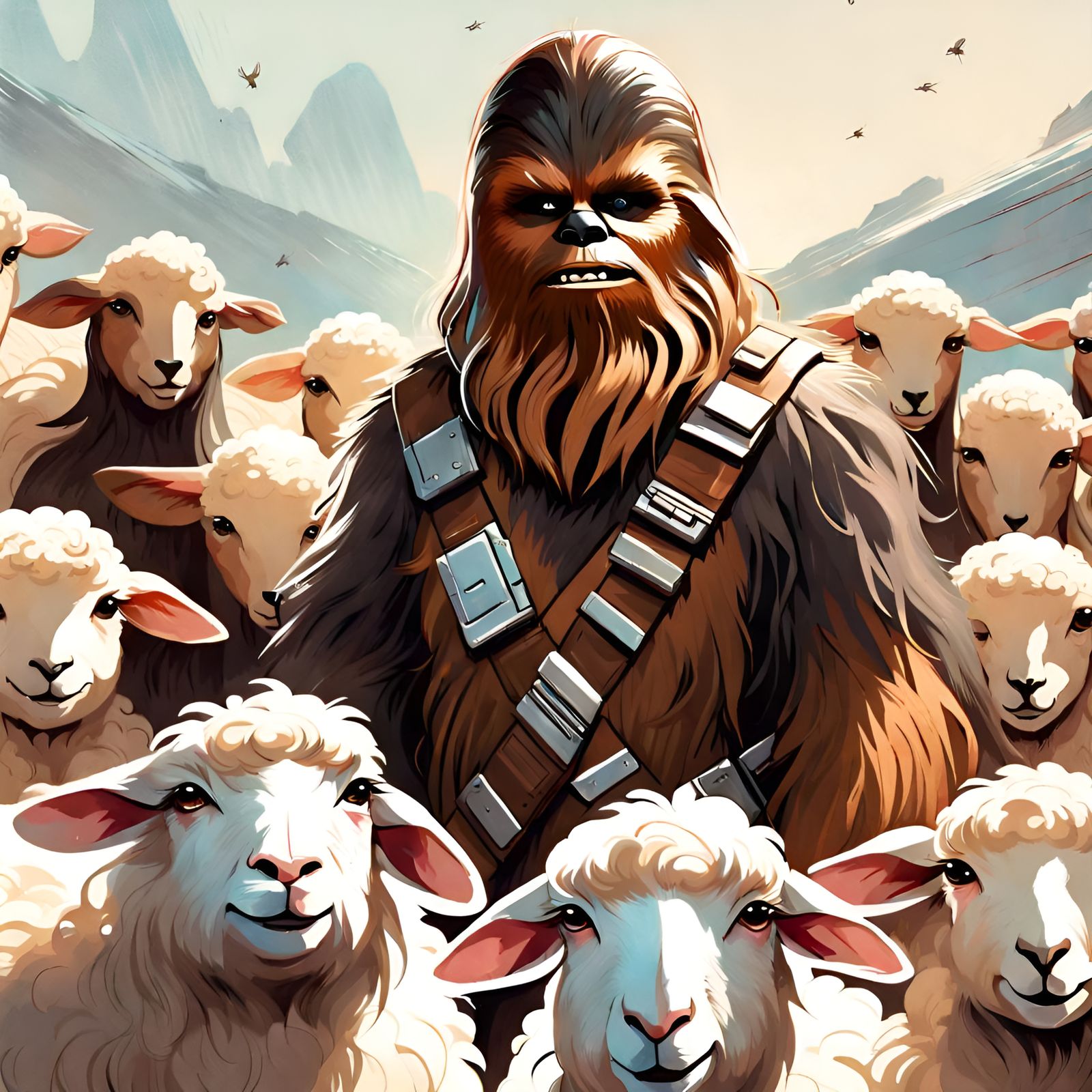 Chewbacca Leads Sheep: Detailed Concept Art