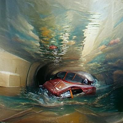 Car Underwater in Tunnel: Oil Painting