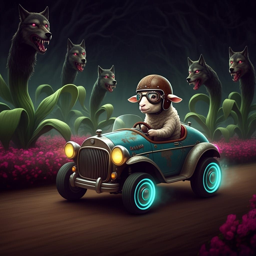 Lamb Races Through Surreal Garden in Dark Fantasy Style