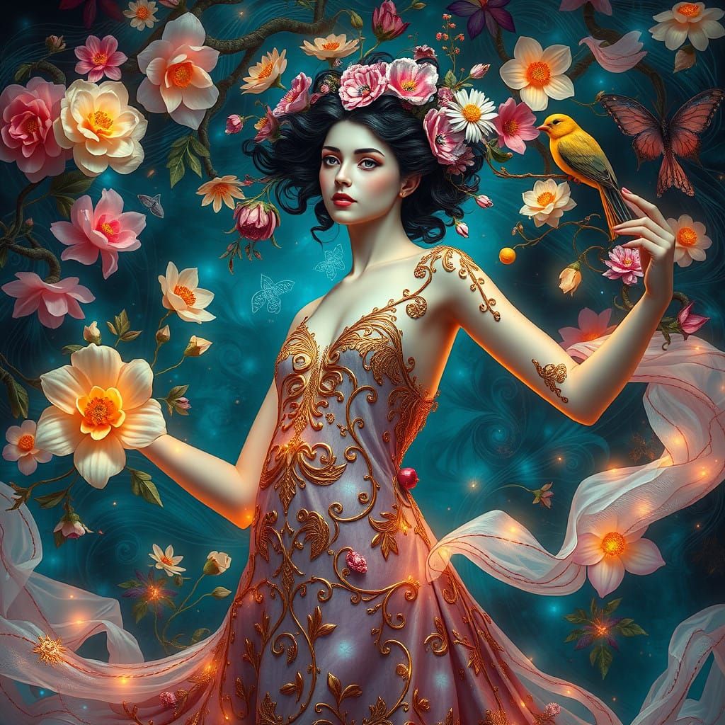 Ethereal Dancing Woman in Whimsical, Surrealist Landscape