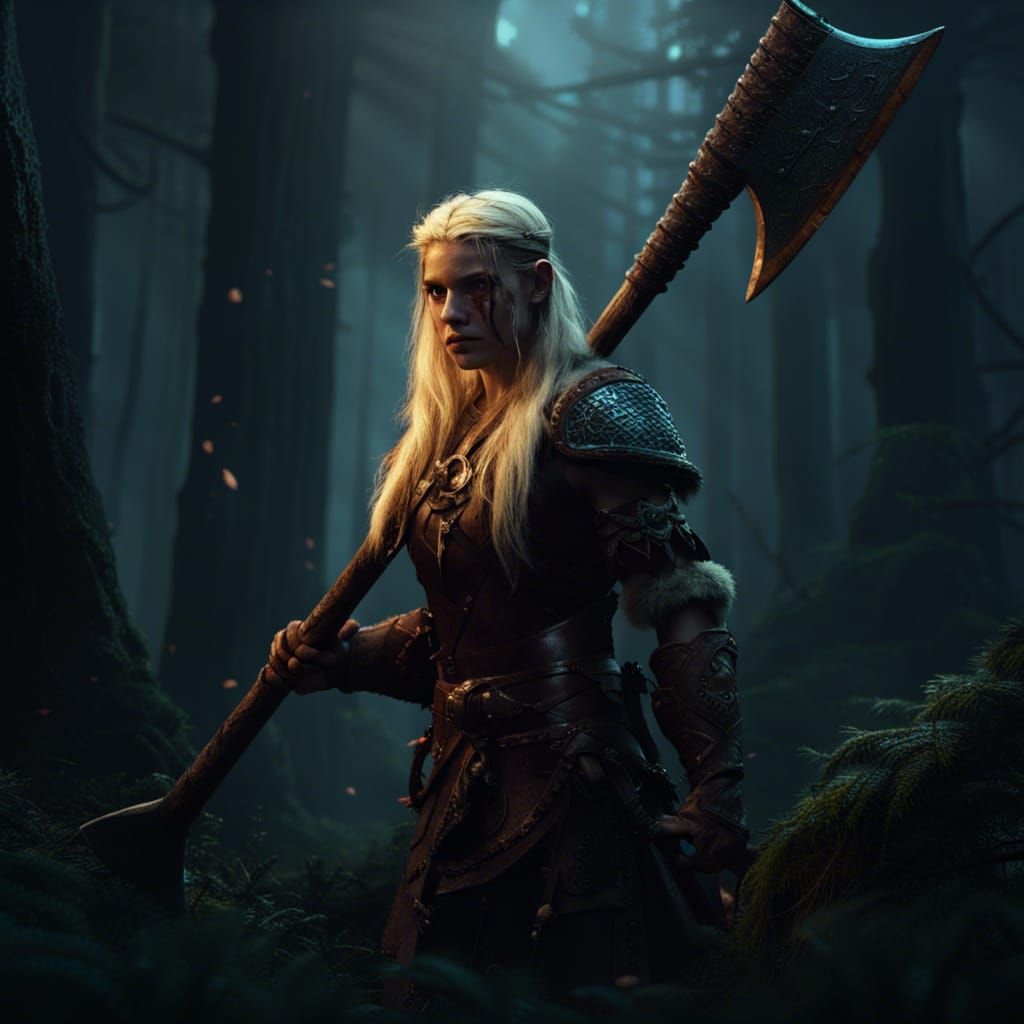 Viking Warrior in Dark Forest, Fantasy Art