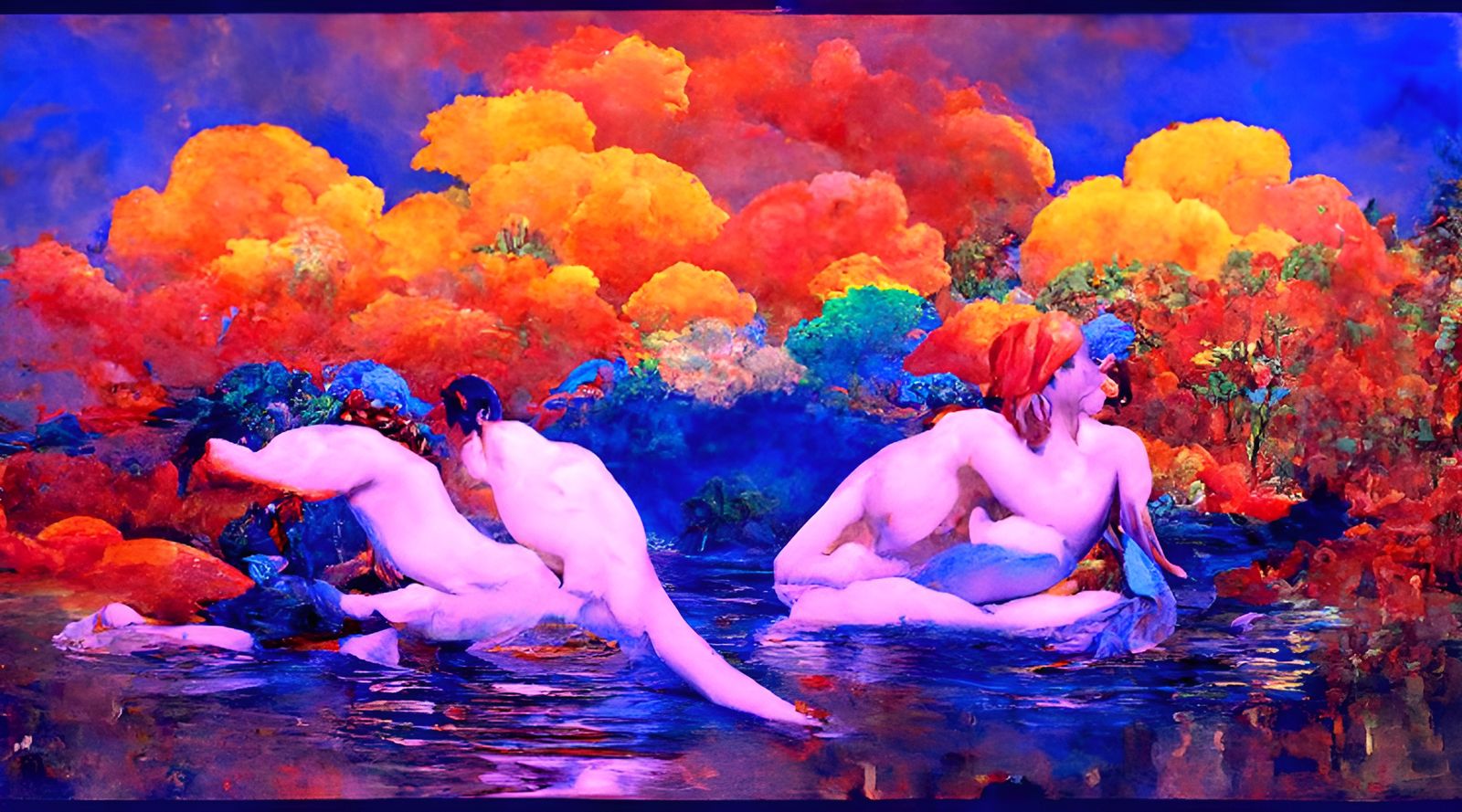 Naiads Bathe in Rainbow: Parrish-Inspired Oil Painting