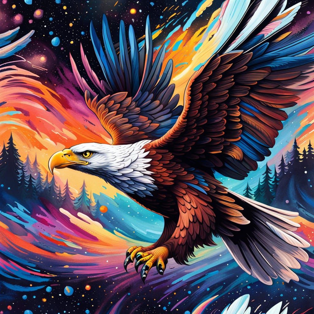 Eagle Soaring in Starry Night: Graffiti Art Illustration