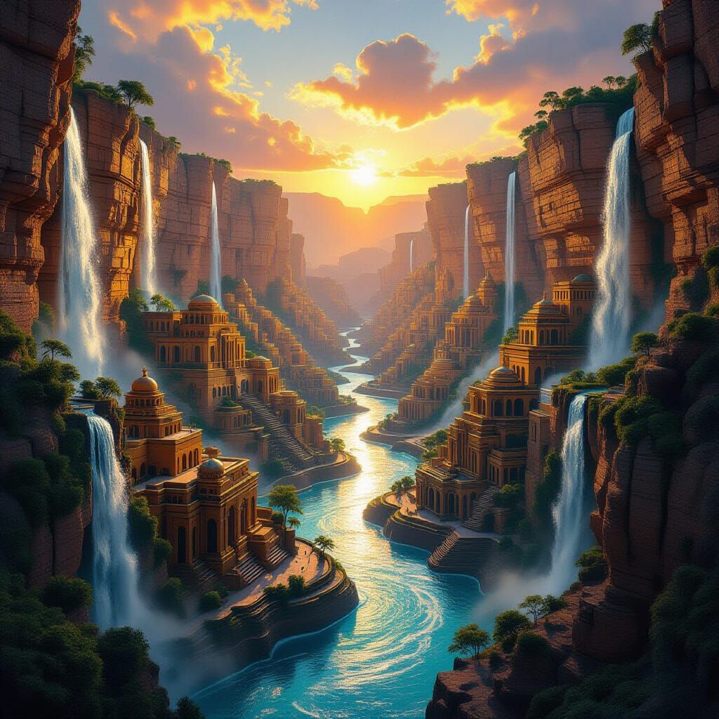 Ancient City in Canyon Panorama, Mayan Art Deco Style