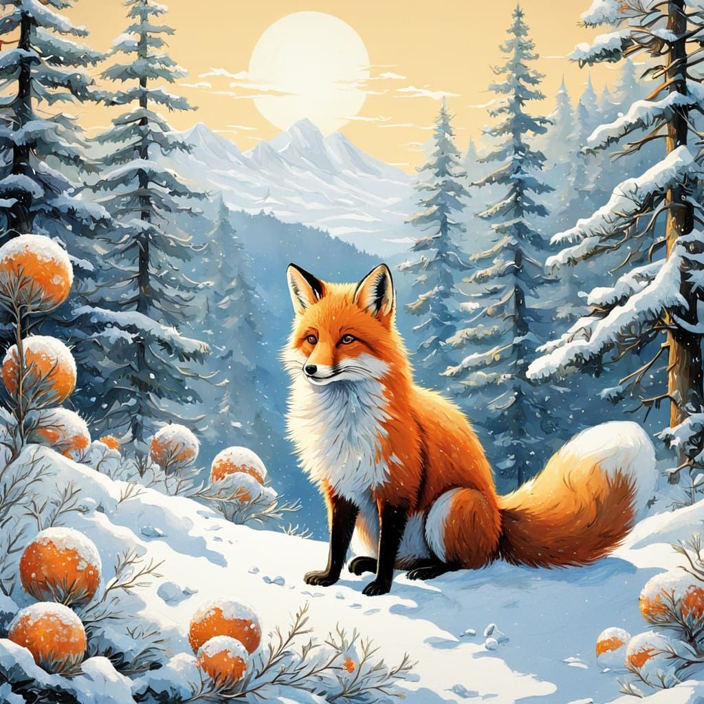 Whimsical Fox Plays in Snowy Wonderland with Pine Trees