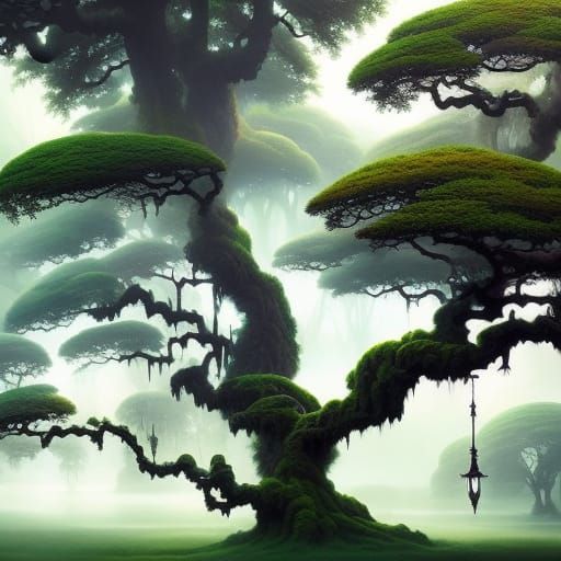 Majestic Tree in Flowing Green Ink, Detailed Gouache Paintin...