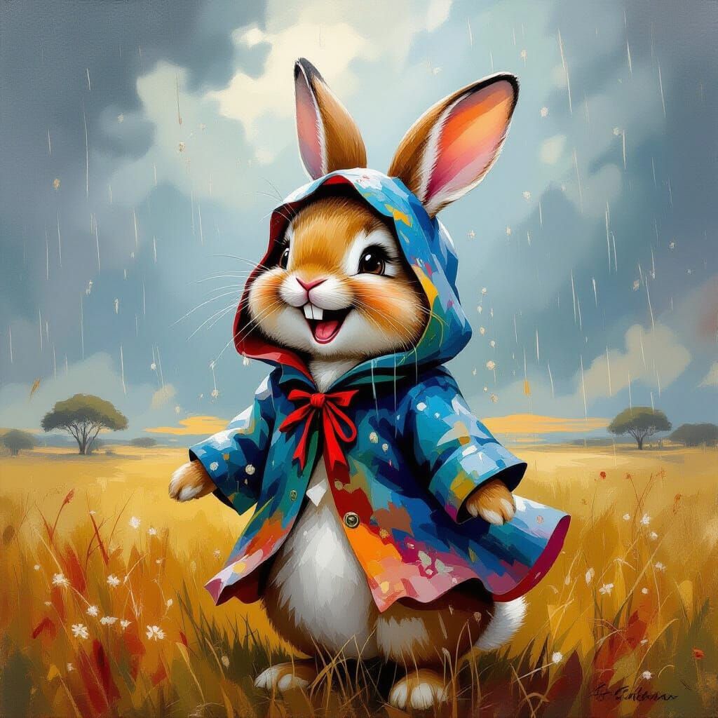 Giggling Bunny Dances in Rainy Savannah, Impasto Painting