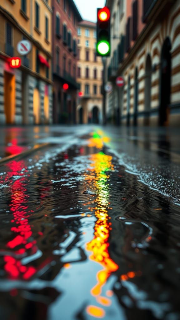 Italian Cityscape: Traffic Light Reflection in Puddle