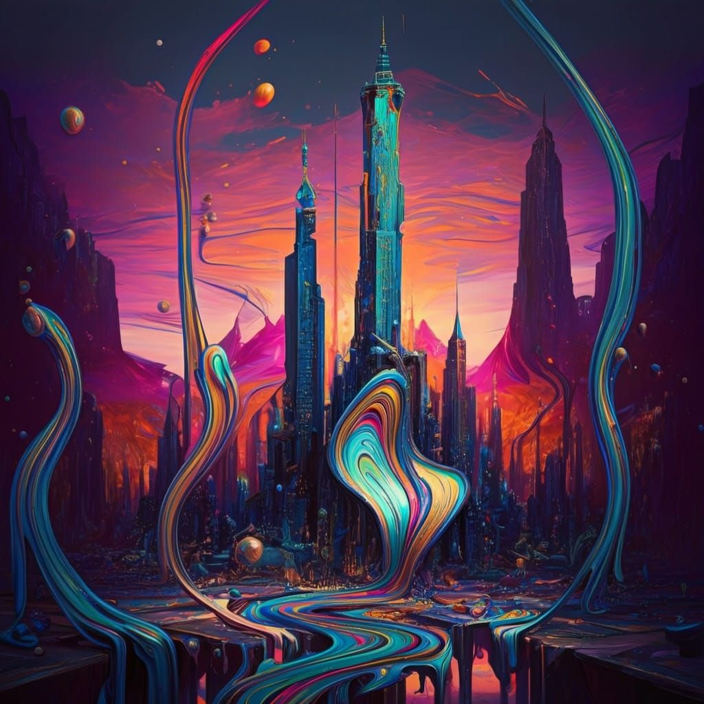 Surreal Cityscape Melts into Swirling Iridescent Colors