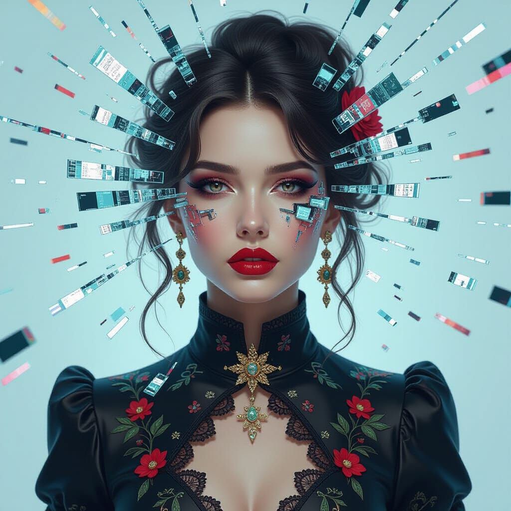 Shattered Emotions: Glass Shard Portrait in Glitch Art Style