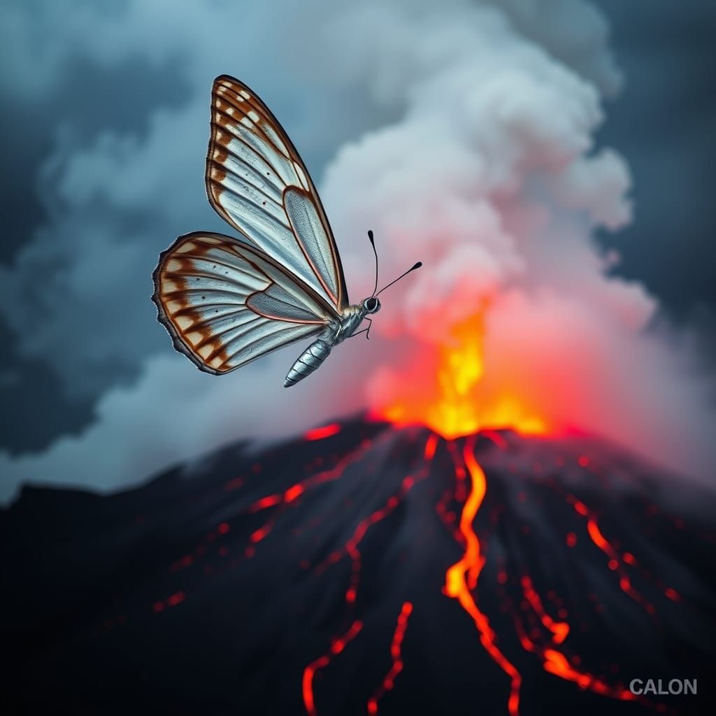 Gigantic Butterfly Soars Above Volcanic Landscape
