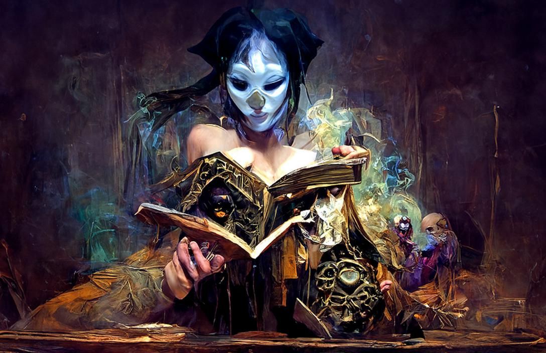Masked Woman Reads Dark Grimoire