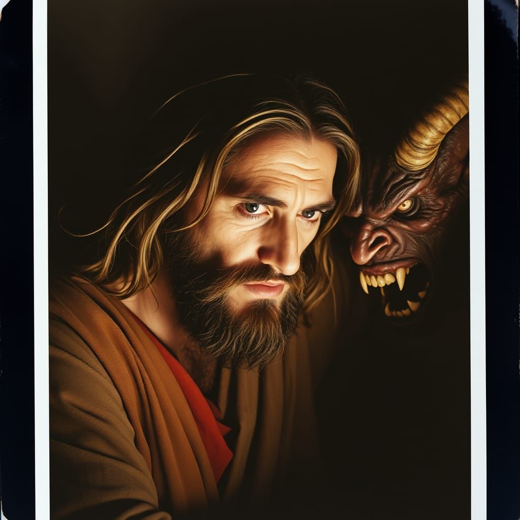 Jesus vs Devil: Dramatic Polaroid-Style Battle