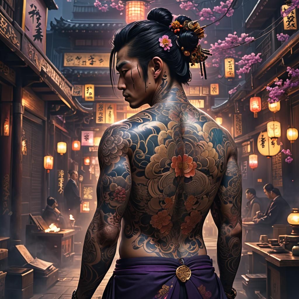 Japanese Gangster's Back with Geisha Tattoos