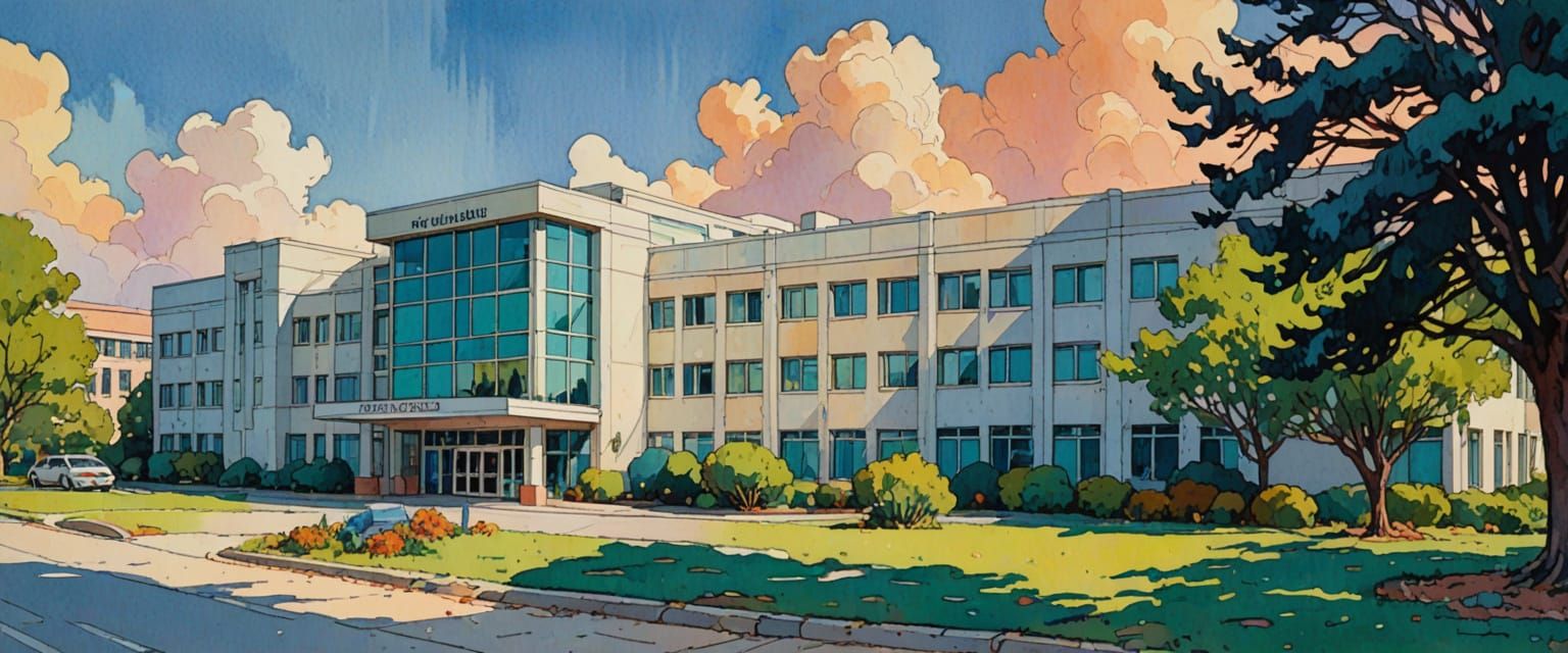 Hospital Building in Watercolor Comic Book Style