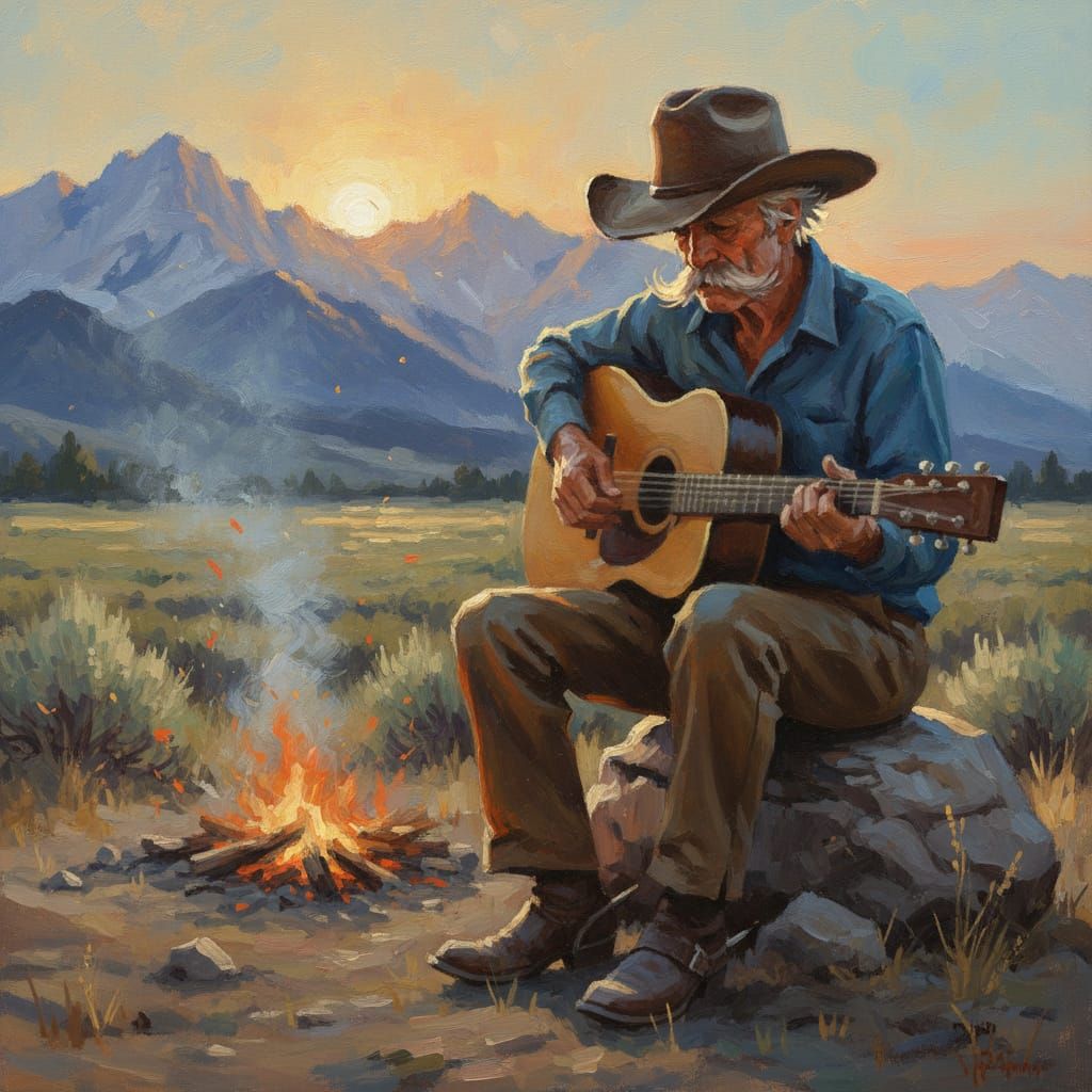Cowboy Musician at Sunrise Oil Painting